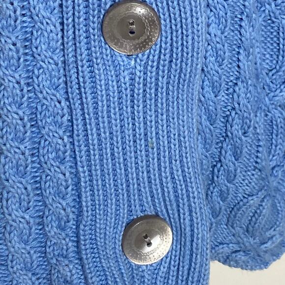 J Jill Womens Size Medium Blue Cableknit Cardigan Sweater Cotton Ruffle Sleeve - Picture 7 of 10